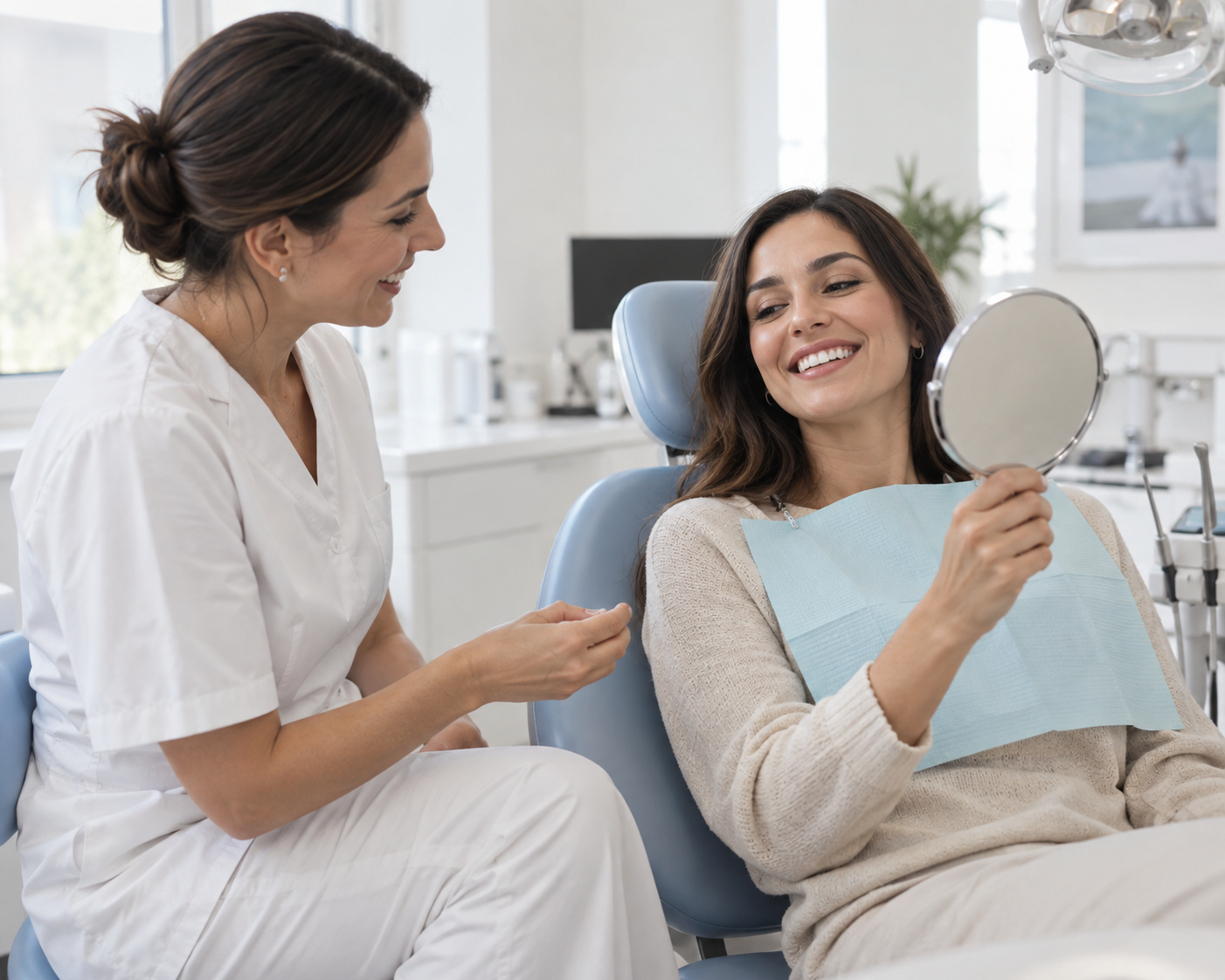Patient smiling with her dentist during a consultation